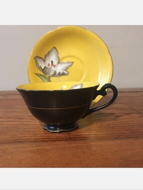 Trimont Signed Occupied Japan Vintage Teacup Saucer Yellow & Black Japanese EUC